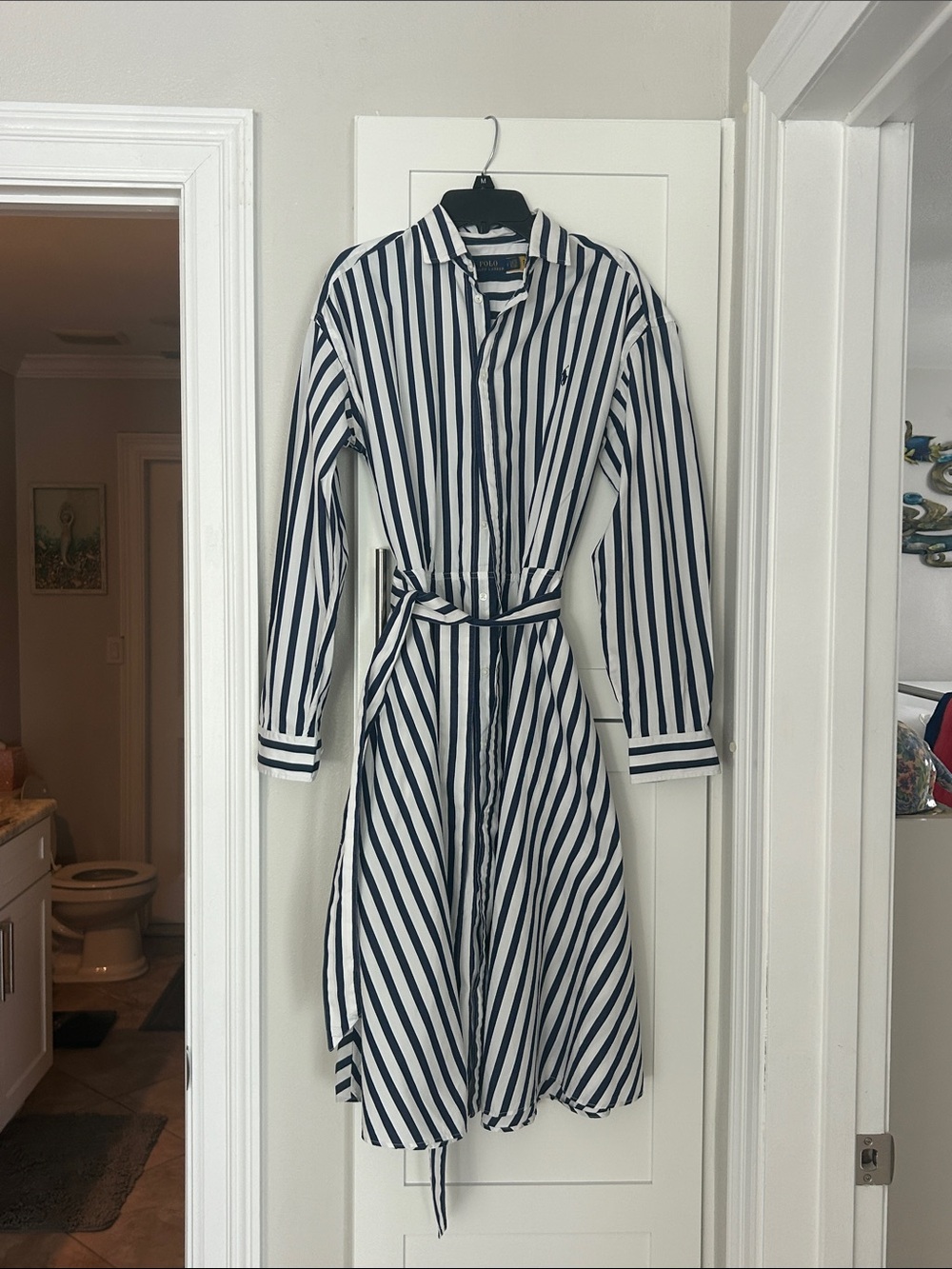 Polo by Ralph Lauren Navy and White Striped Long-Sleeve A line Shirt Dress